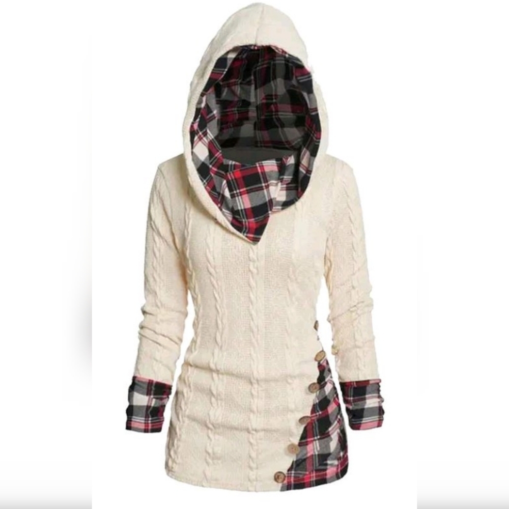 Elegant Cream Hooded Sweater with Plaid Details